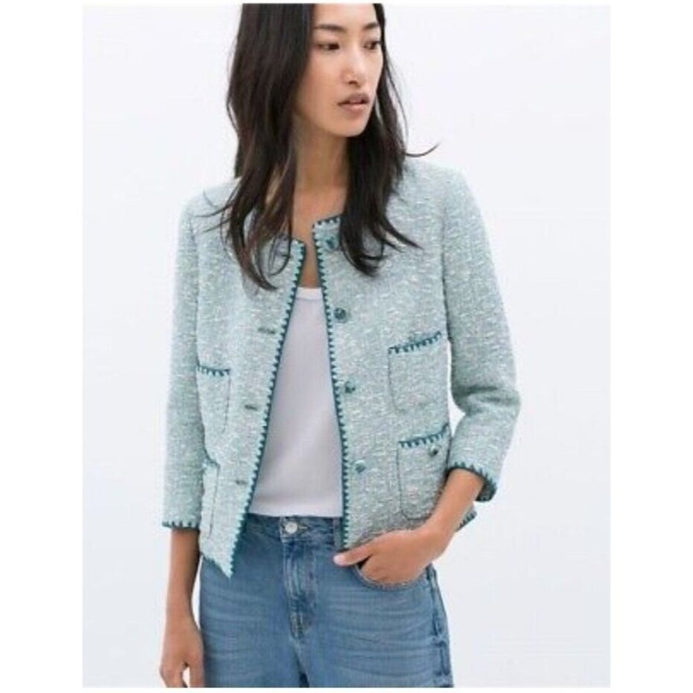 Zara Basic Tweed Blazer Size Small  3/4 Sleeves Lined 4 Button Closure Pockets